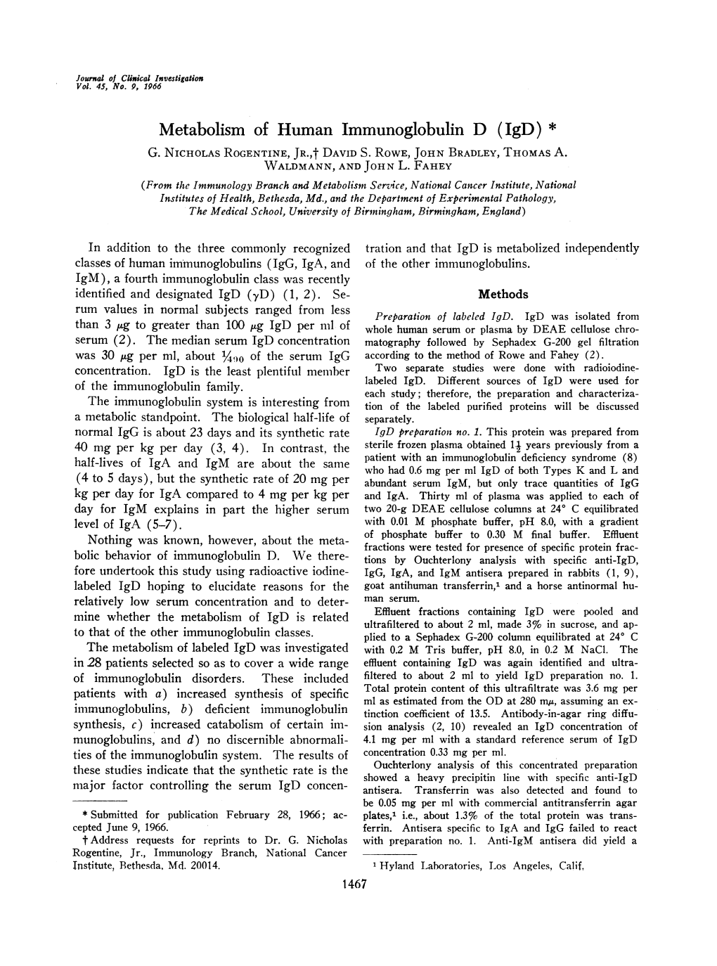 Metabolism of Human Immunoglobulin D (Igd)