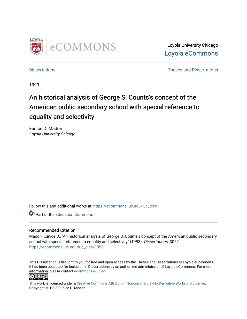 An Historical Analysis of George S. Counts's Concept of the American Public Secondary School with Special Reference to Equality and Selectivity