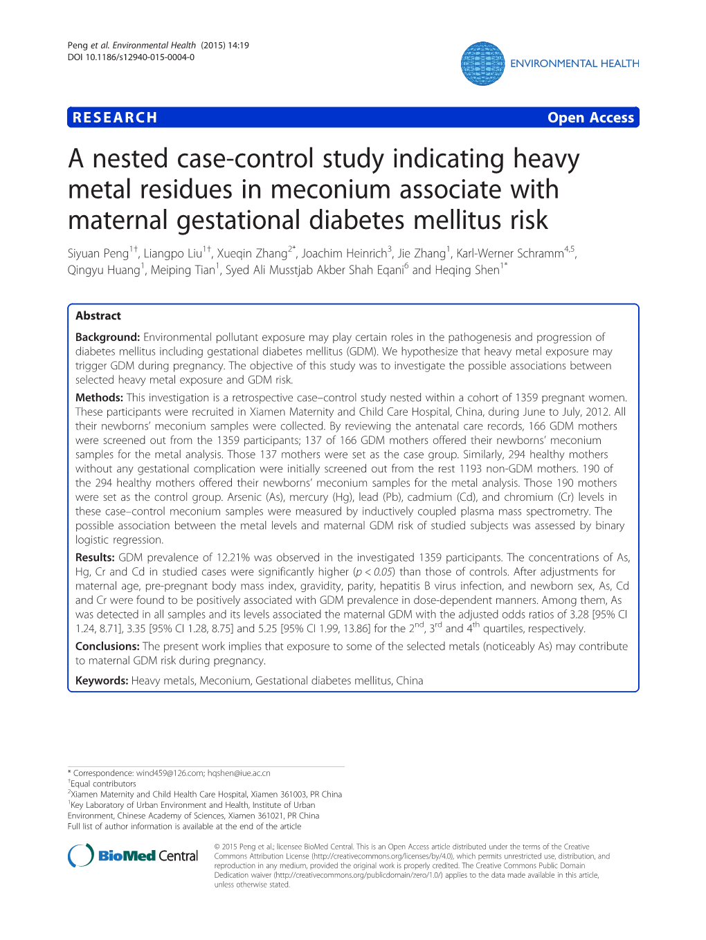 A Nested Case-Control Study Indicating Heavy Metal Residues in Meconium