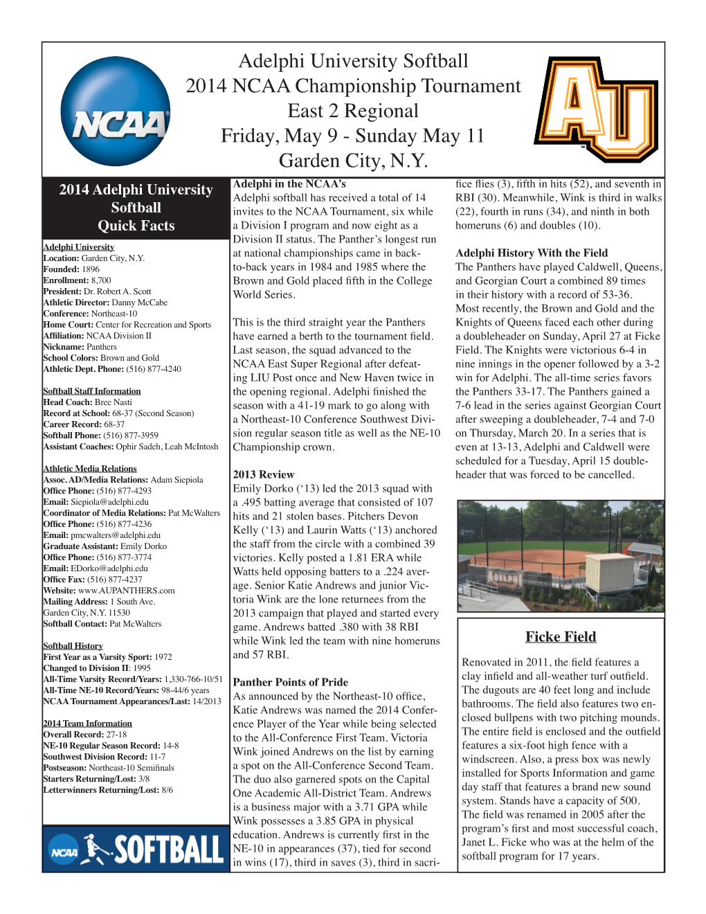 Adelphi University Softball 2014 NCAA Championship Tournament East 2 Regional Friday, May 9 - Sunday May 11 Garden City, N.Y