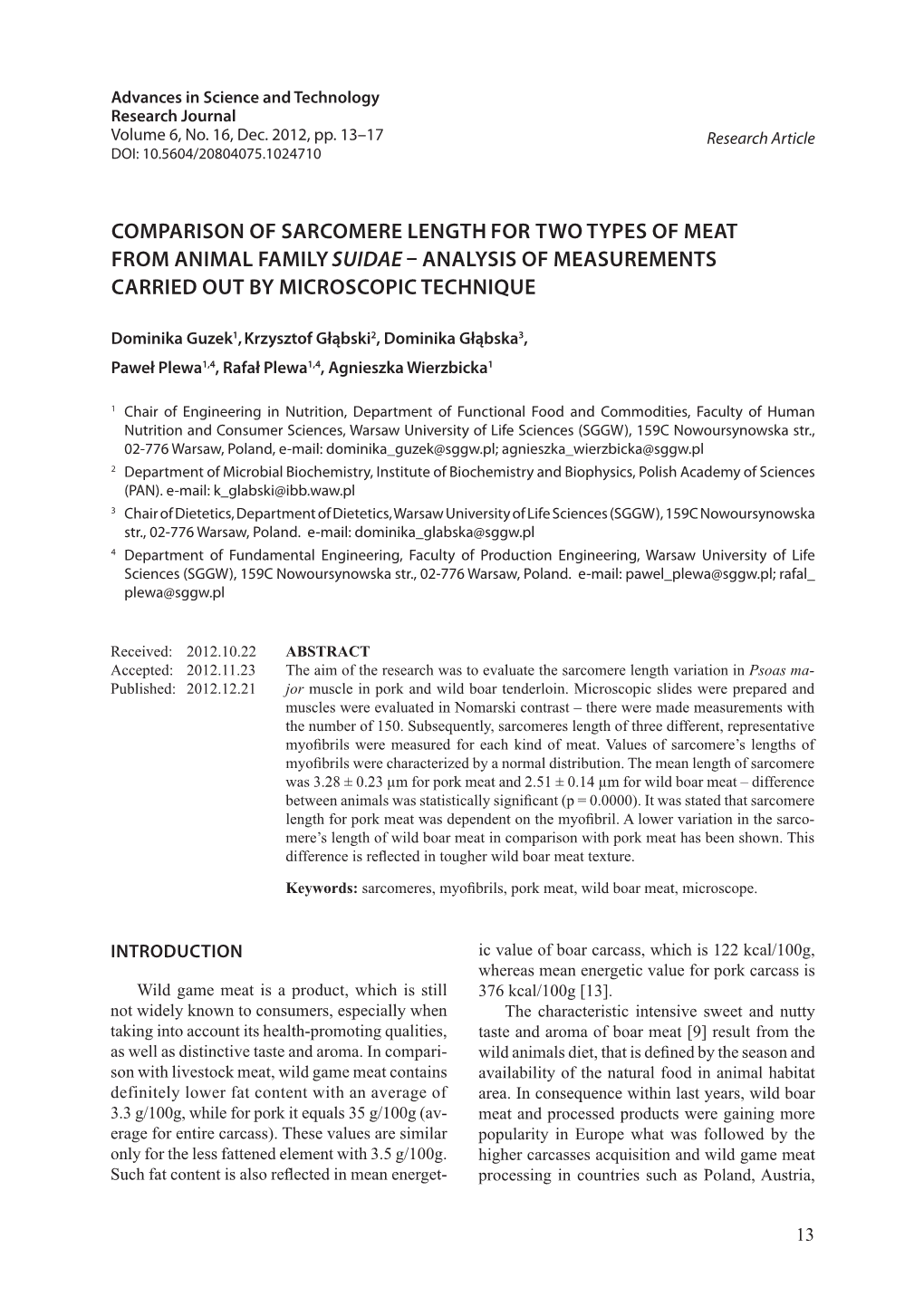 Comparison of Sarcomere Length for Two Types of Meat from Animal Family Suidae – Analysis of Measurements Carried out by Microscopic Technique