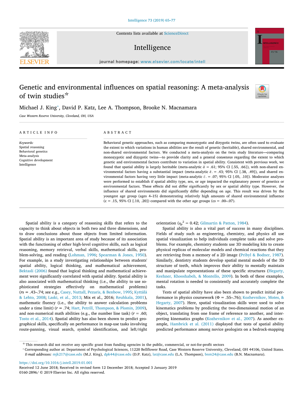 Genetic and Environmental Influences on Spatial Reasoning: a Meta-Analysis ☆ T of Twin Studies ⁎ Michael J