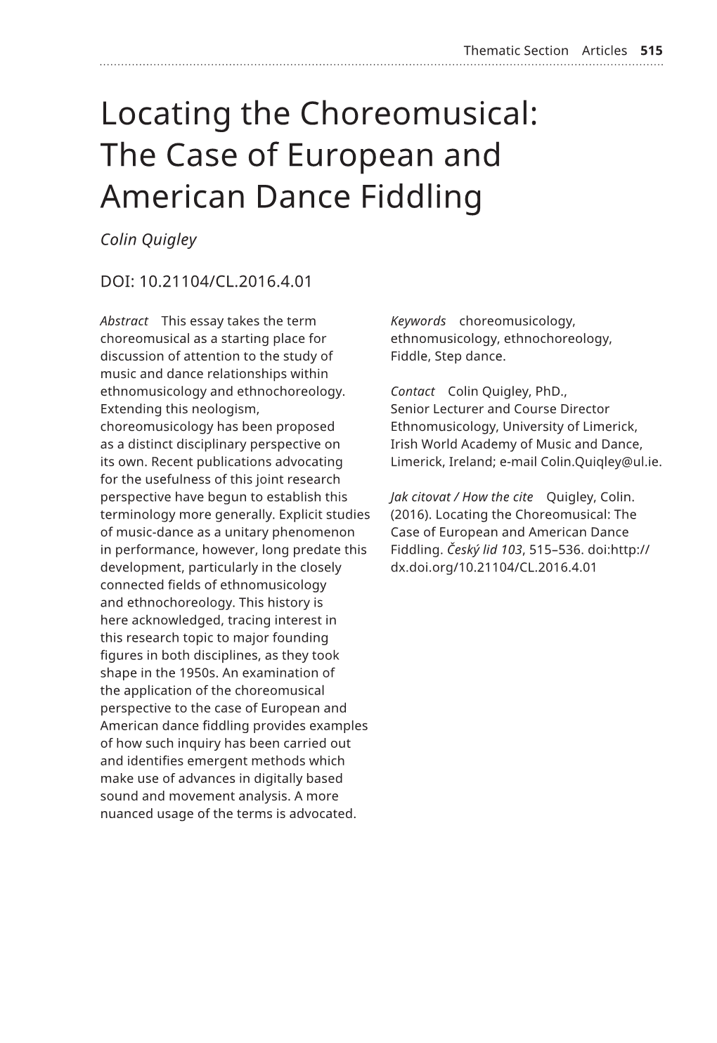 Locating the Choreomusical: the Case of European and American Dance Fiddling