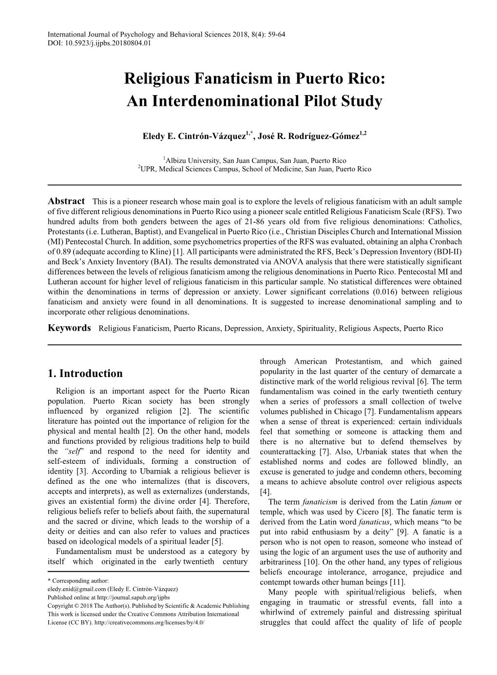 Religious Fanaticism in Puerto Rico: an Interdenominational Pilot Study