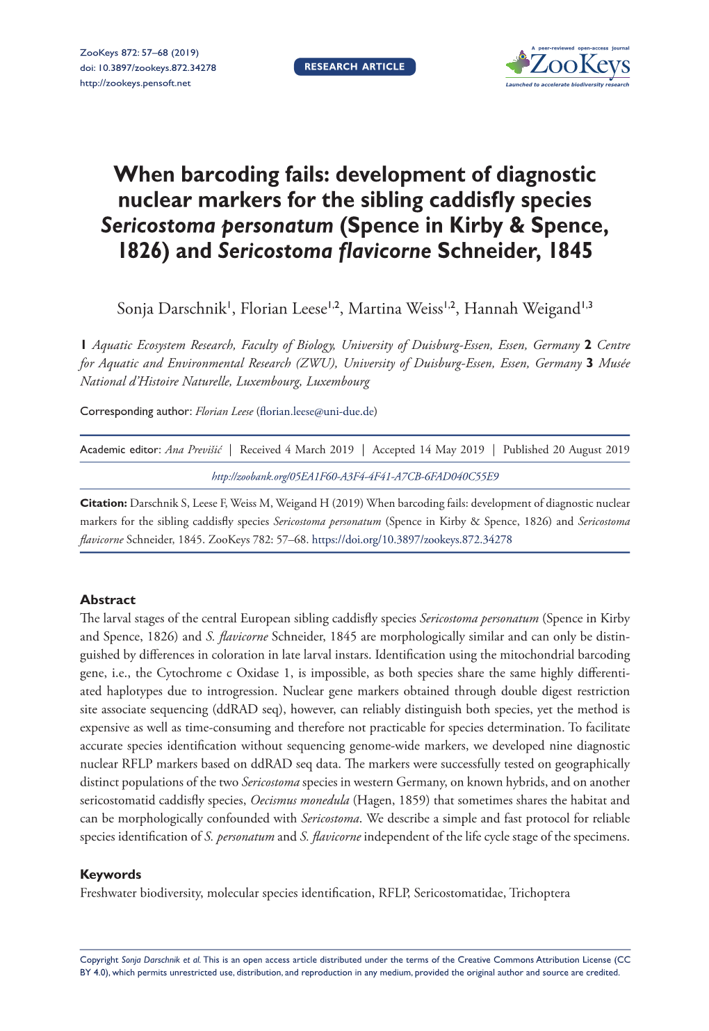 When Barcoding Fails: Development of Diagnostic for the Sibling Caddisfly Species Sericostoma Personatum