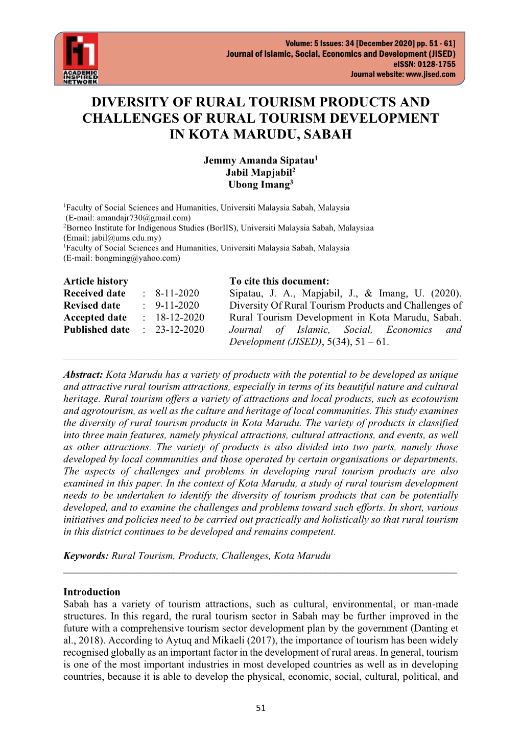 Diversity of Rural Tourism Products and Challenges of Rural Tourism Development in Kota Marudu, Sabah