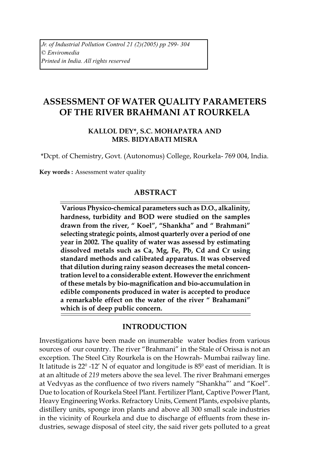 Assessment of Water Quality Parameters of the River Brahmani at Rourkela