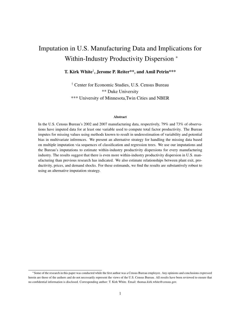 Within-Industry Productivity Dispersion and Imputation for Missing Data