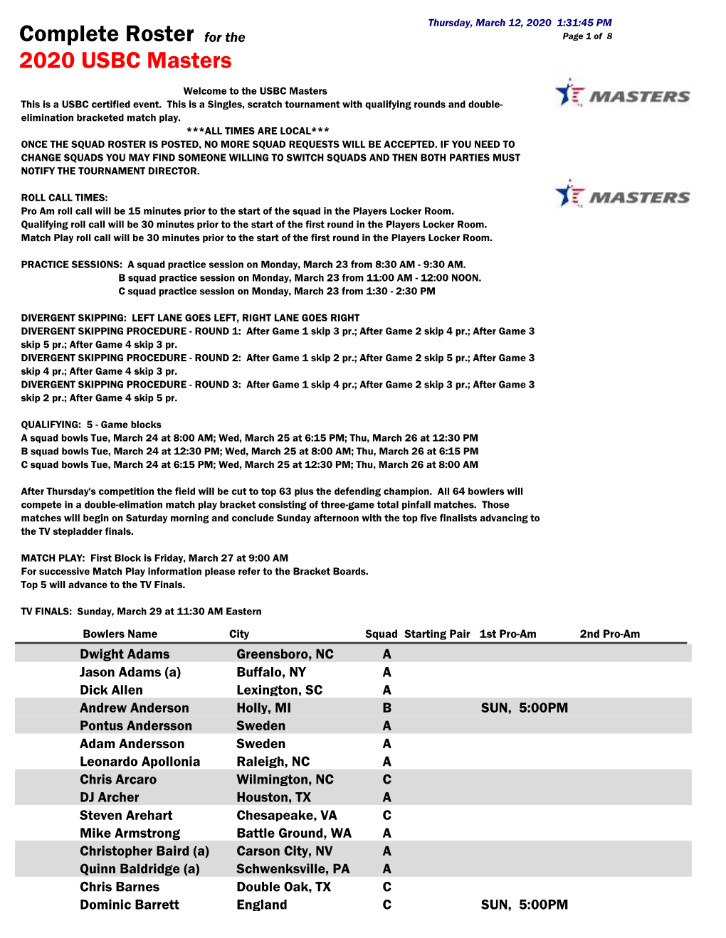 Complete Roster for the 2020 USBC Masters