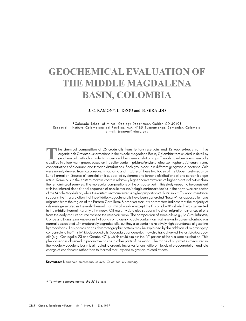 Geochemical Evaluation of the Middle Magdalena Basin