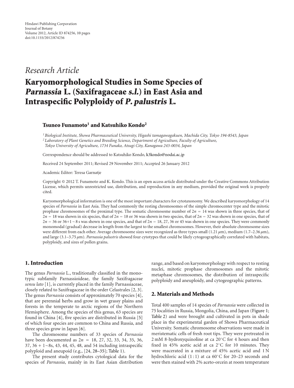 Karyomorphological Studies in Some Species of Parnassia L