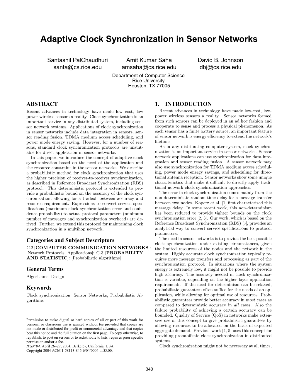 Adaptive Clock Synchronization in Sensor Networks