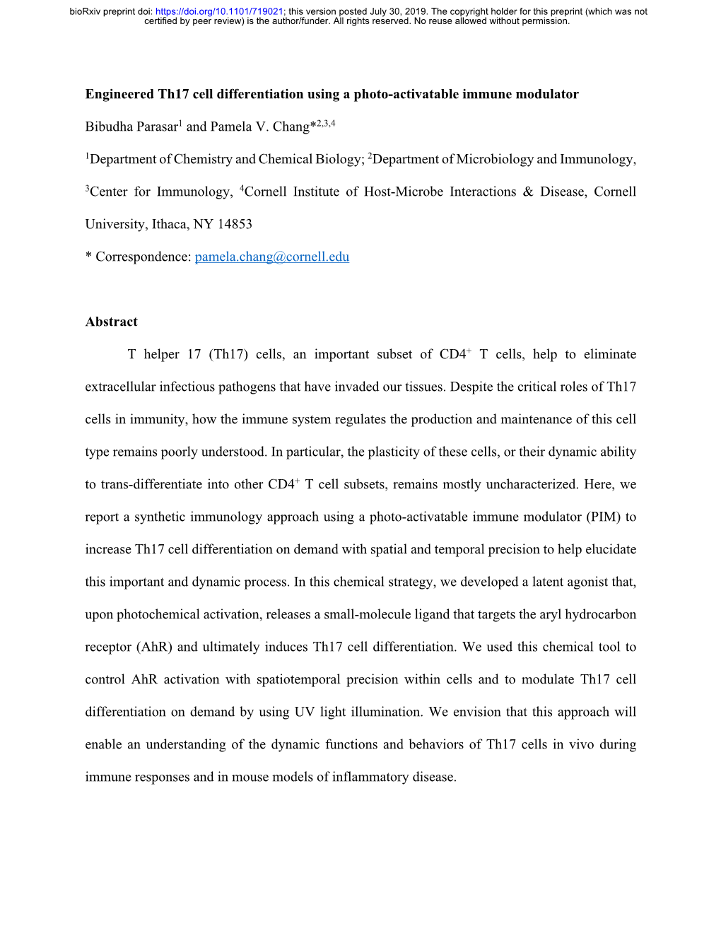 Engineered Th17 Cell Differentiation Using a Photo-Activatable Immune Modulator