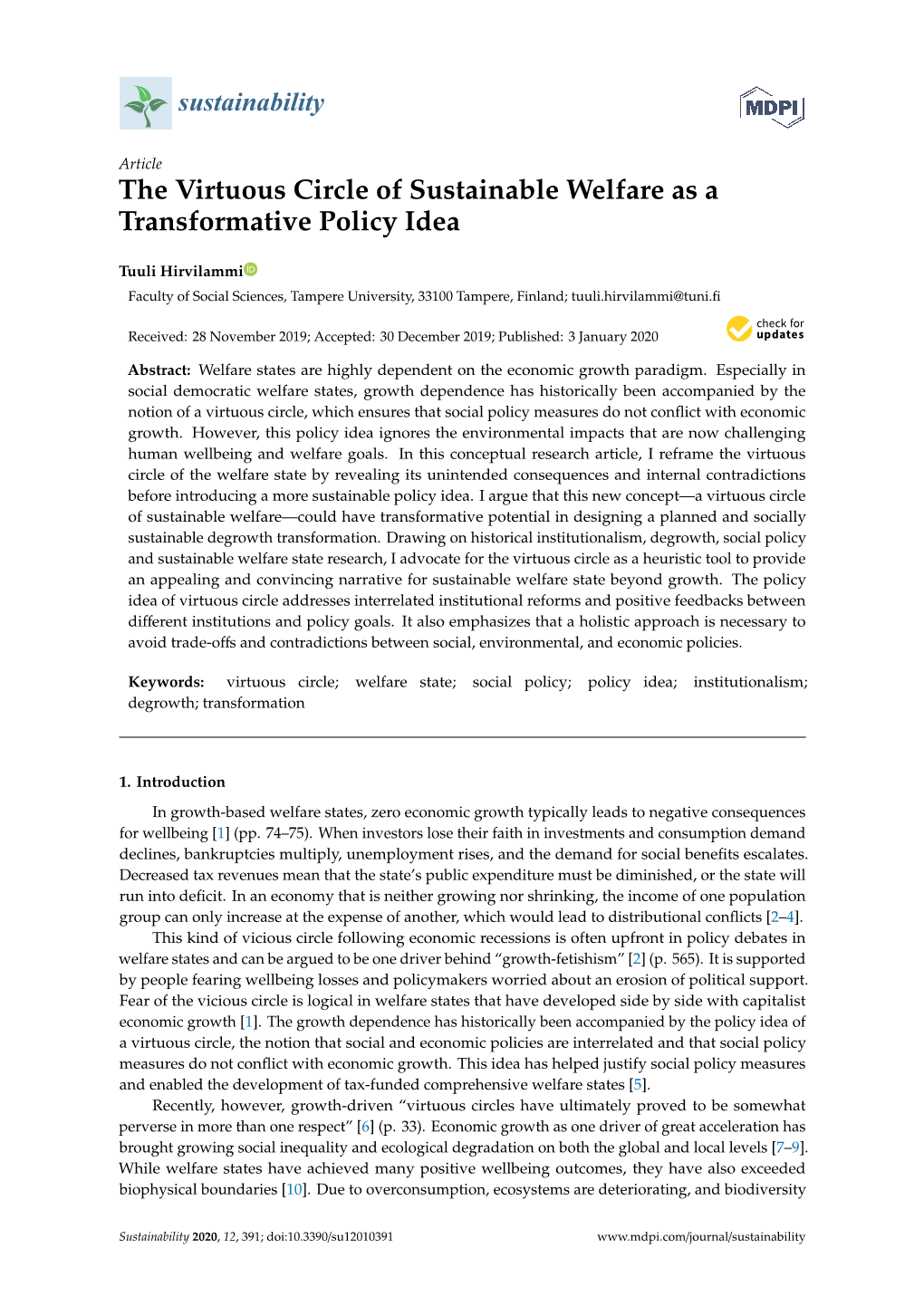 The Virtuous Circle of Sustainable Welfare As a Transformative Policy Idea