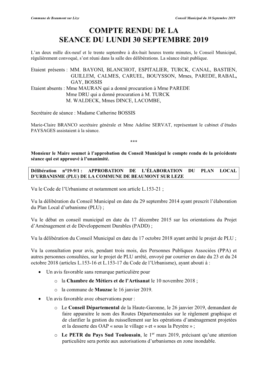 Compte Rendu De La Seance Du Lundi 30 Septembre 2019