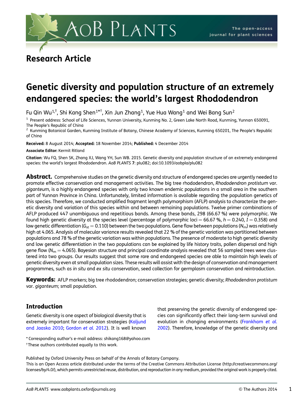 Genetic Diversity and Population Structure of an Extremely Endangered Species: the World’S Largest Rhododendron