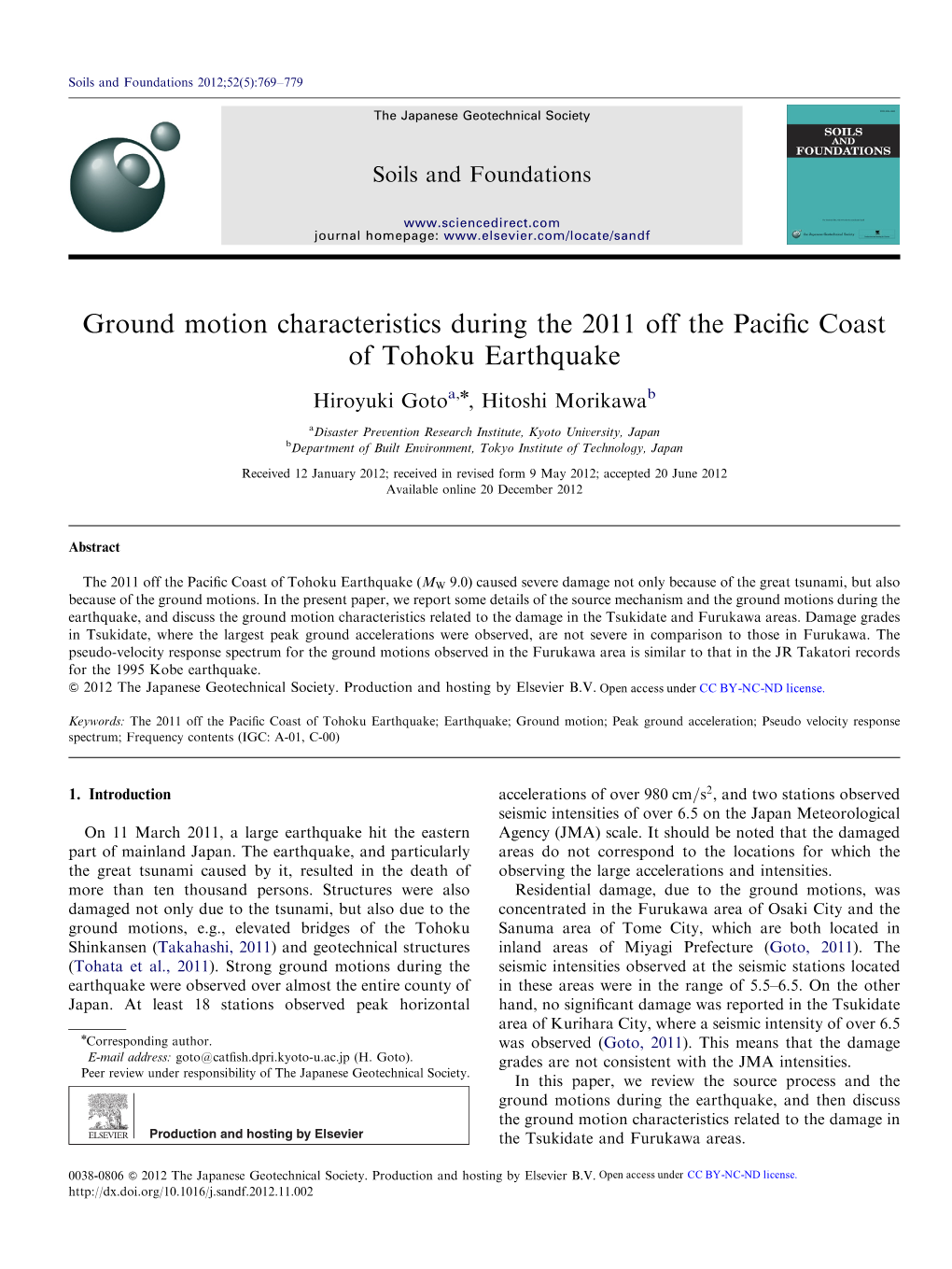 Ground Motion Characteristics During the 2011 Off the Pacific Coast Of