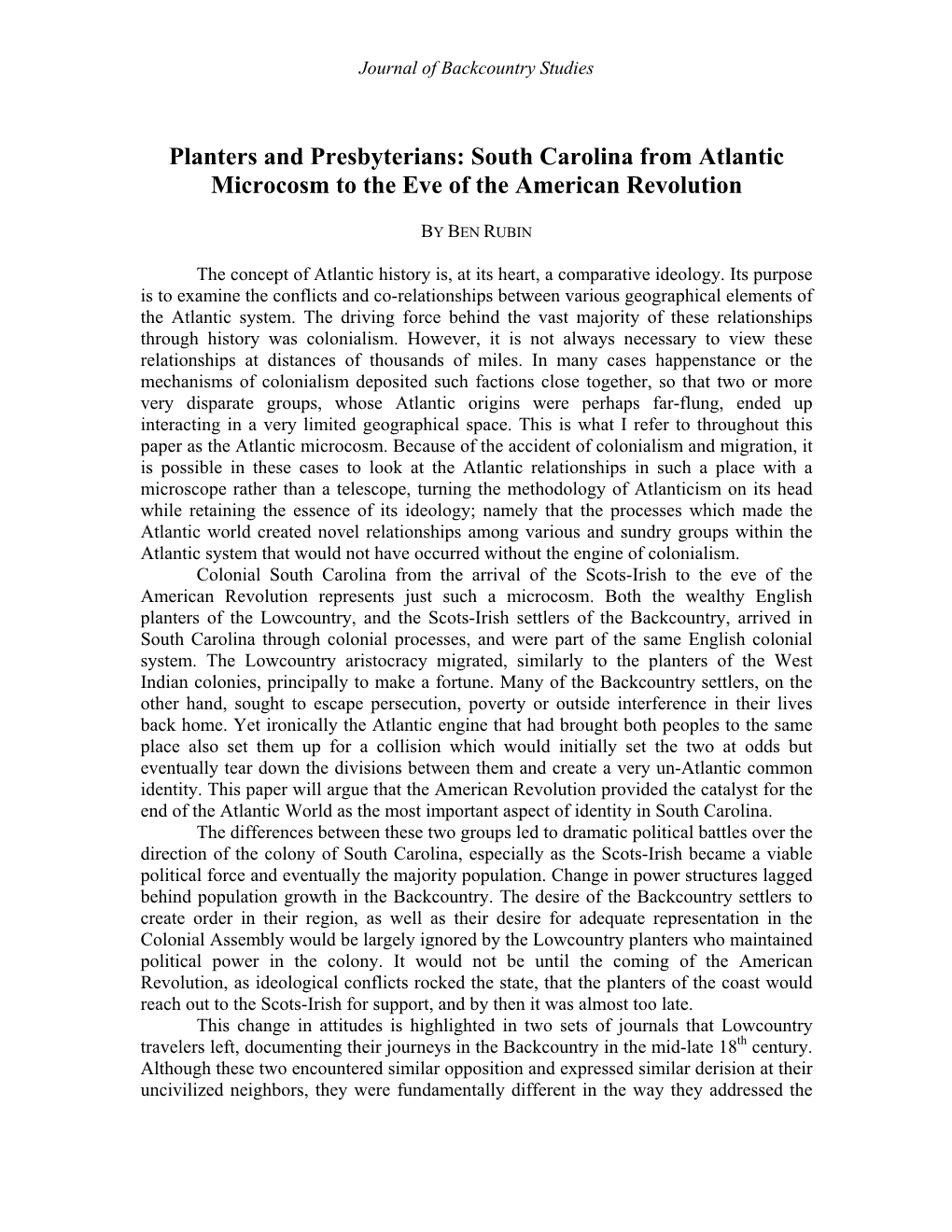 Planters and Presbyterians: South Carolina from Atlantic Microcosm to the Eve of the American Revolution