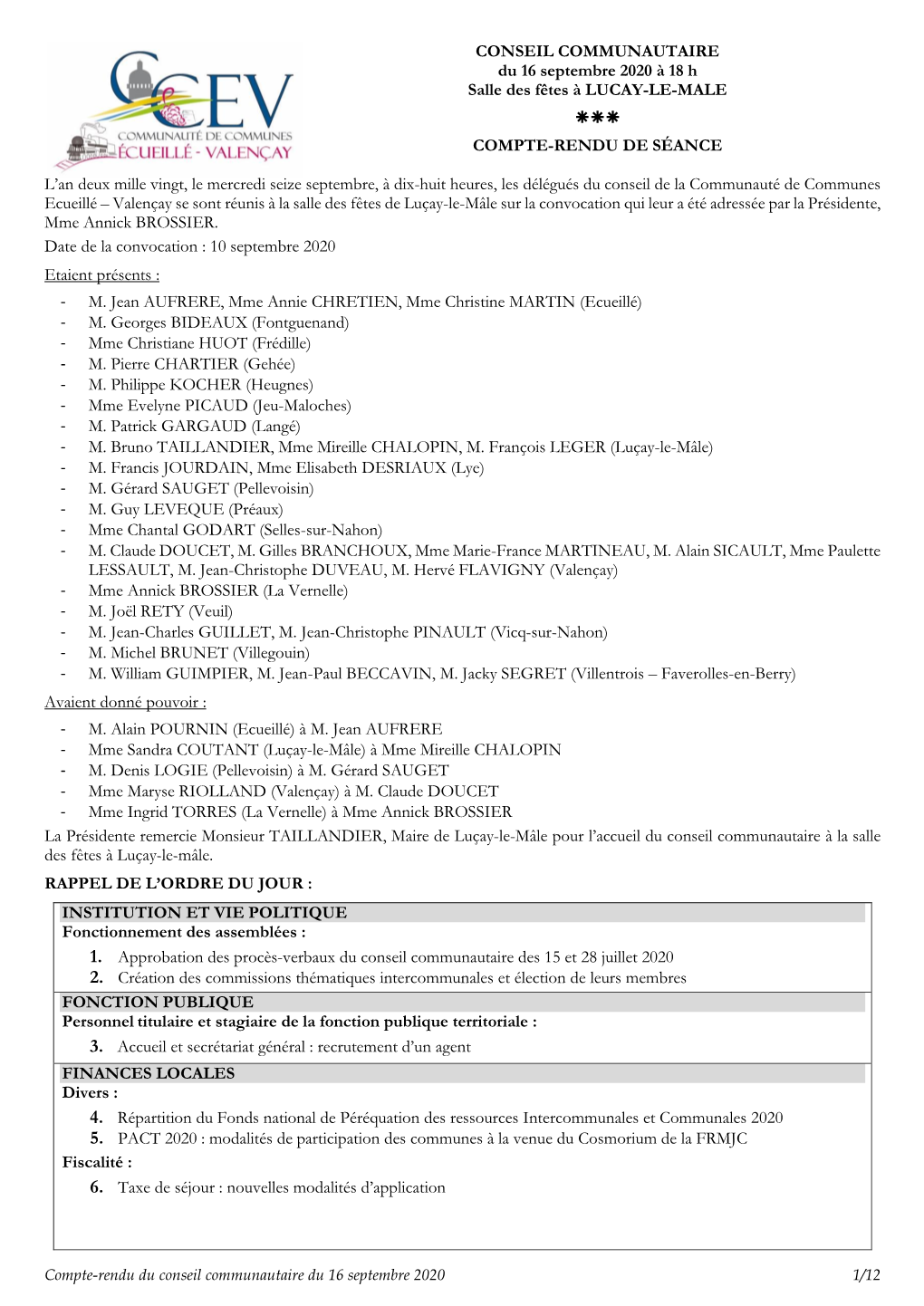 Compte-Rendu Du Conseil Communautaire Du 16.09.2020