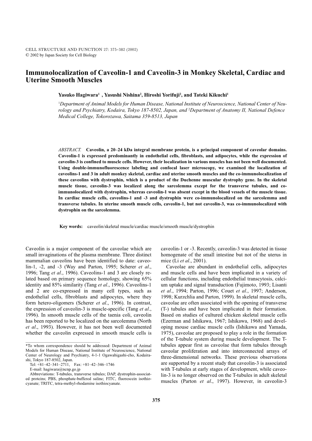 Immunolocalization of Caveolin-1 and Caveolin-3 in Monkey Skeletal, Cardiac and Uterine Smooth Muscles