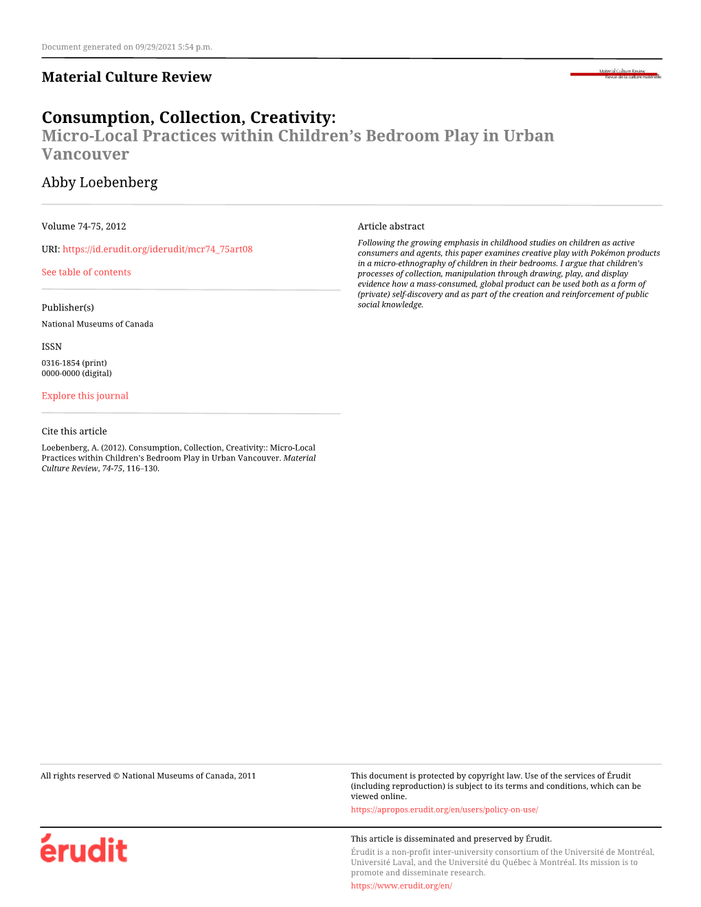 Consumption, Collection, Creativity:: Micro-Local Practices Within Children’S Bedroom Play in Urban Vancouver
