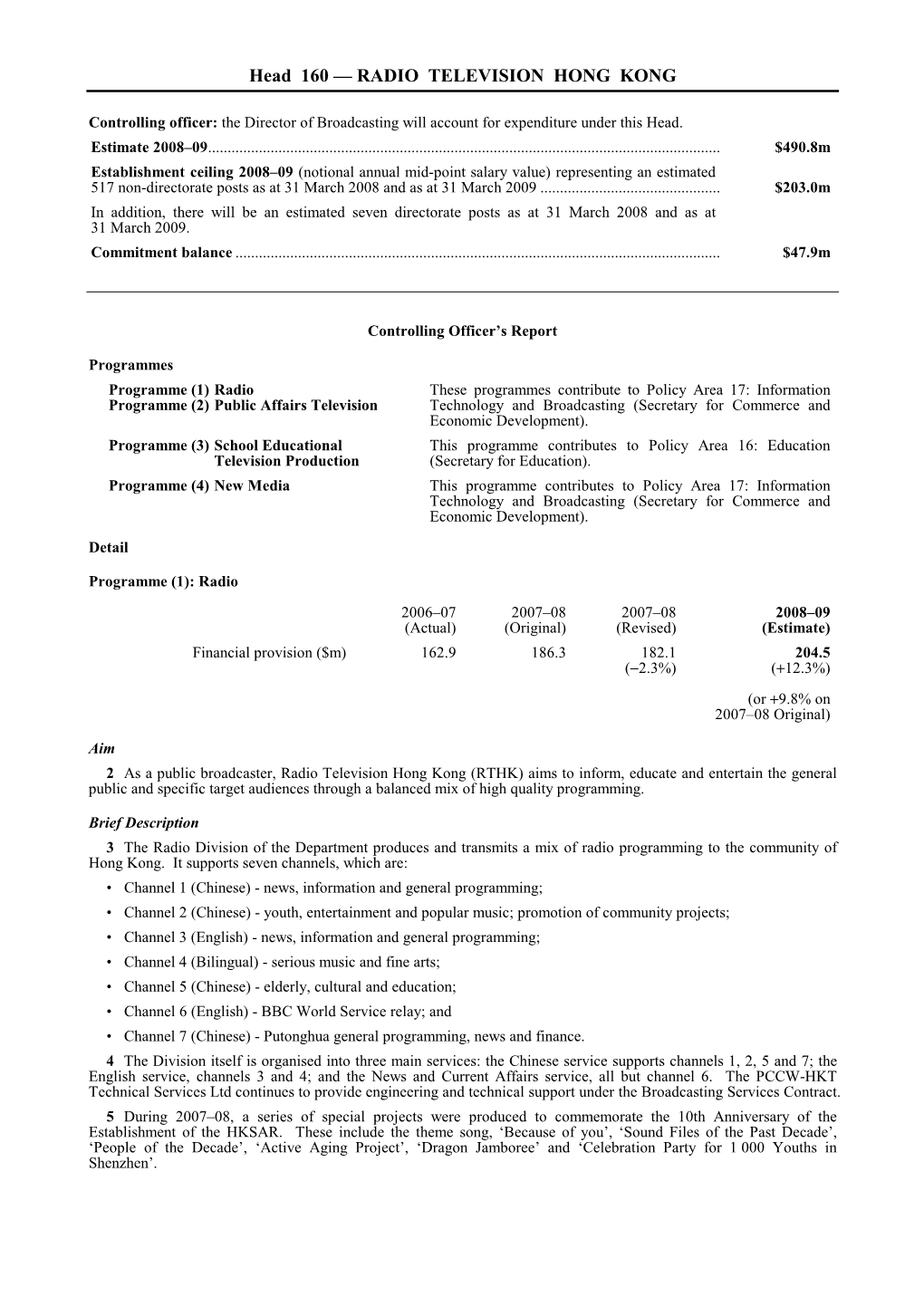 Head 160 — RADIO TELEVISION HONG KONG