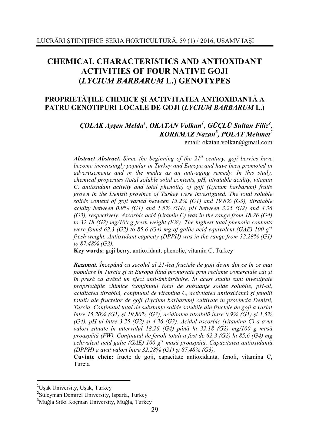 Chemical Characteristics and Antioxidant Activities of Four Native Goji (Lycium Barbarum L.) Genotypes