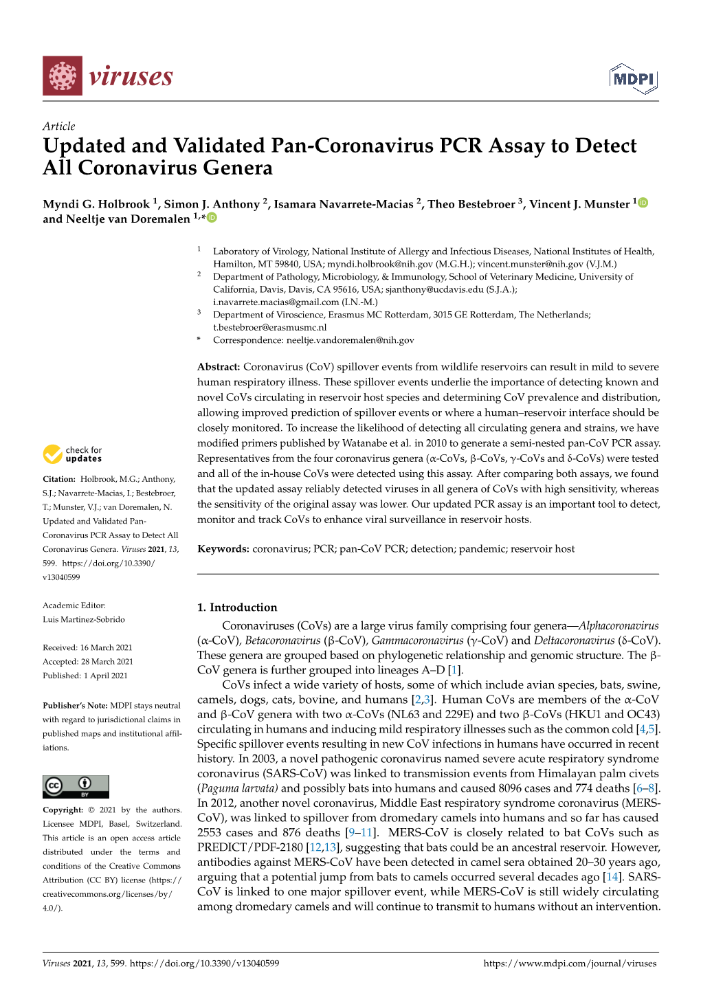 Updated and Validated Pan-Coronavirus PCR Assay to Detect All Coronavirus Genera