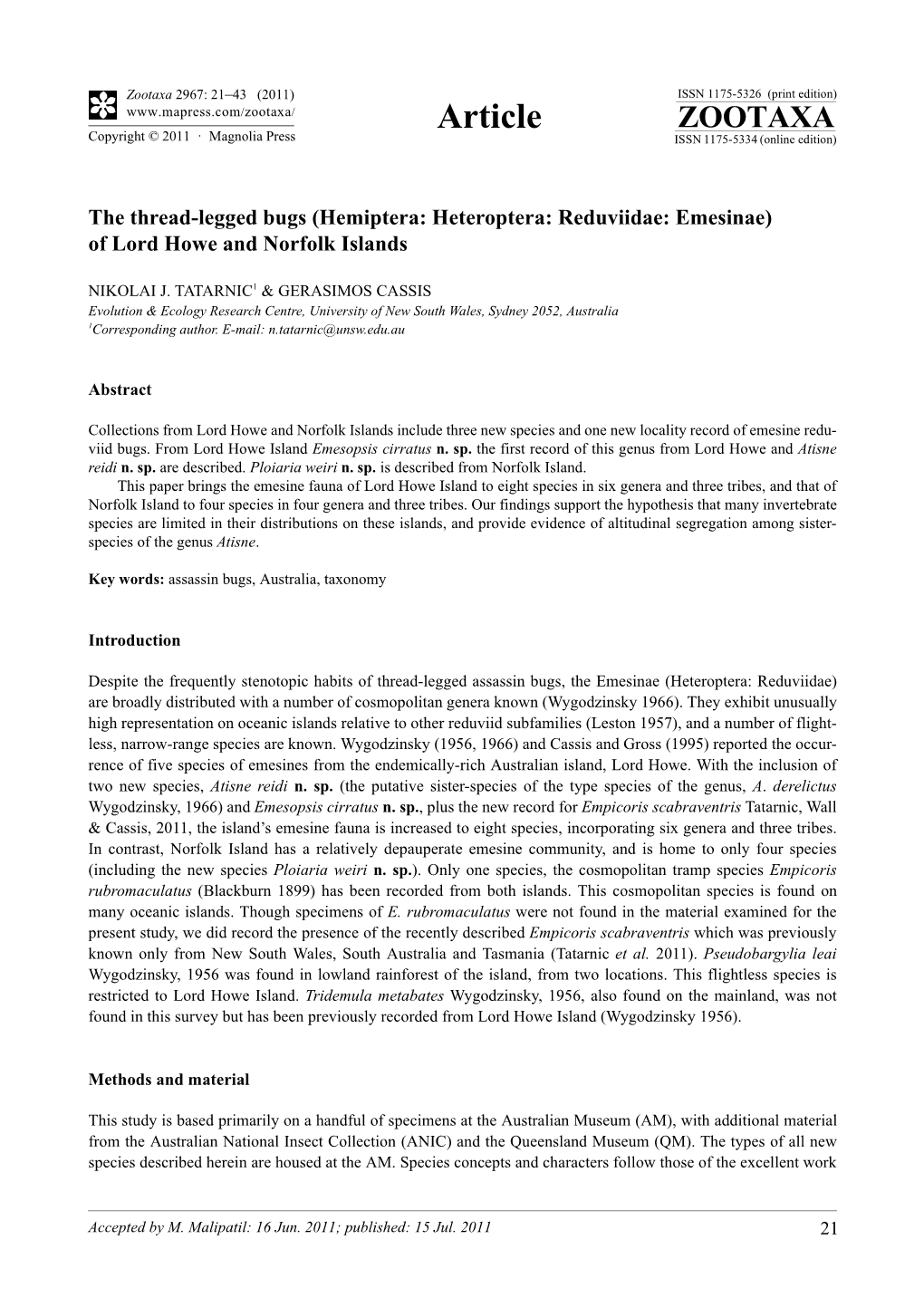 The Thread-Legged Bugs (Hemiptera: Heteroptera: Reduviidae: Emesinae) of Lord Howe and Norfolk Islands