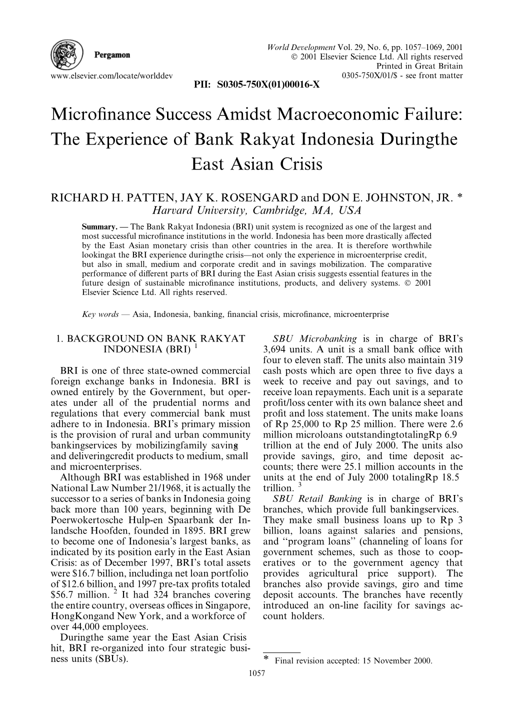Microfinance Success Amidst Macroeconomic Failure: the Experience of Bank Rakyat Indonesia During the East Asian Crisis