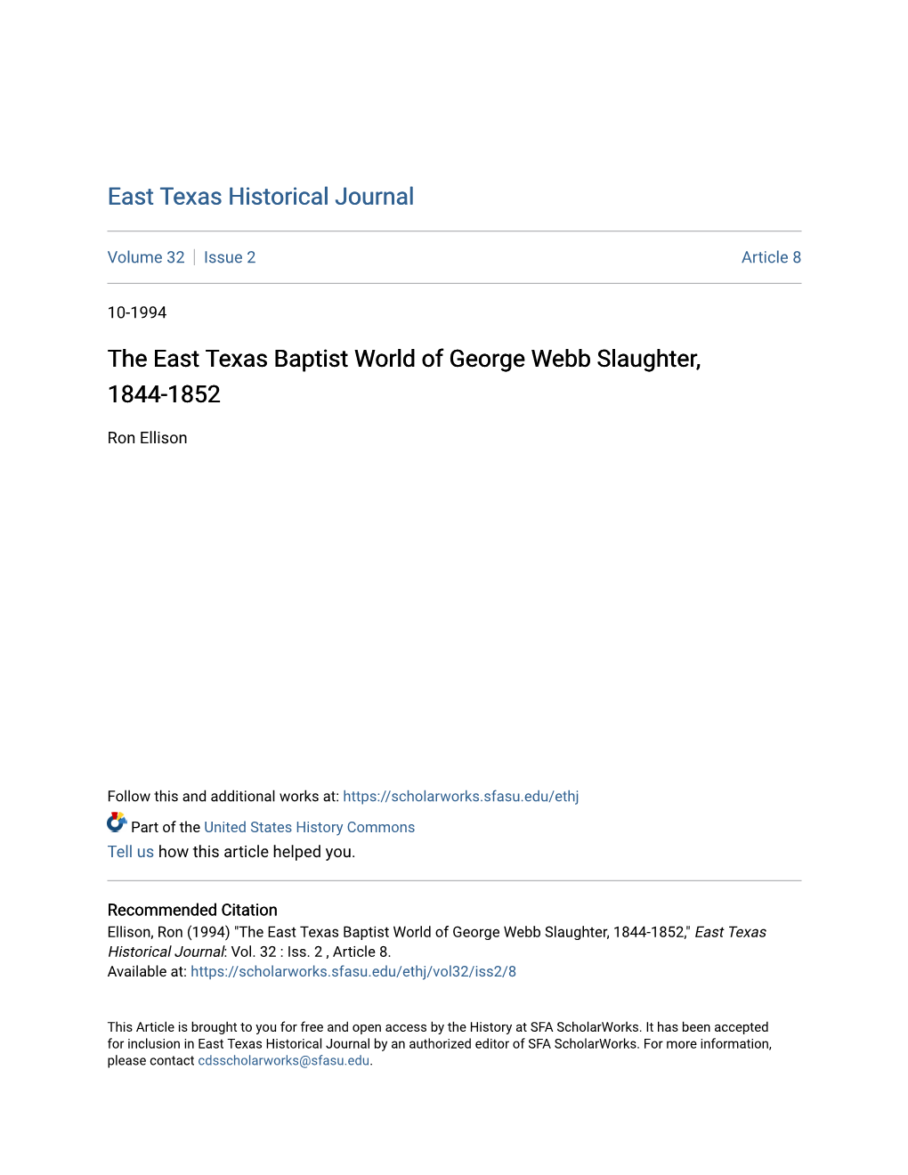 The East Texas Baptist World of George Webb Slaughter, 1844-1852