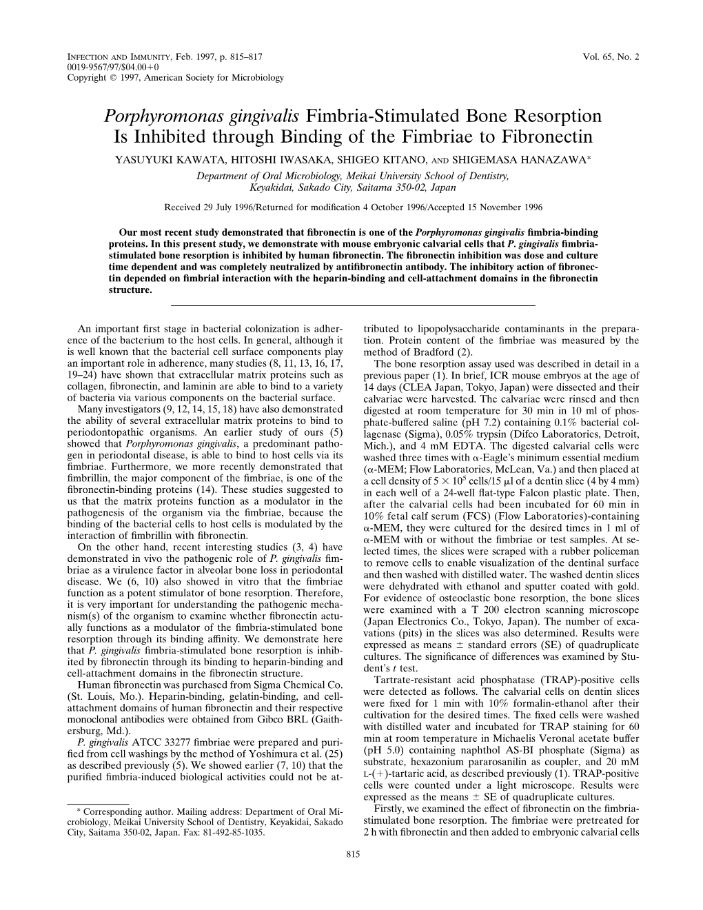 Porphyromonas Gingivalis Fimbria-Stimulated Bone Resorption Is Inhibited Through Binding of the Fimbriae to Fibronectin