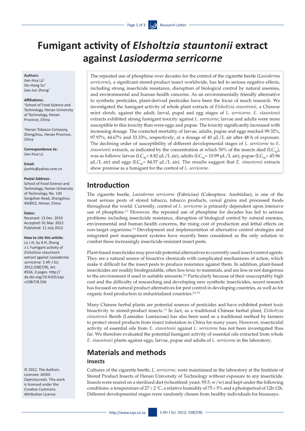 Fumigant Activity of Elsholtzia Stauntonii Extract Against Lasioderma Serricorne