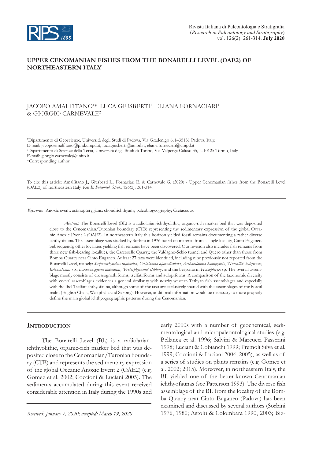 Upper Cenomanian Fishes from the Bonarelli Level (Oae2) of Northeastern Italy