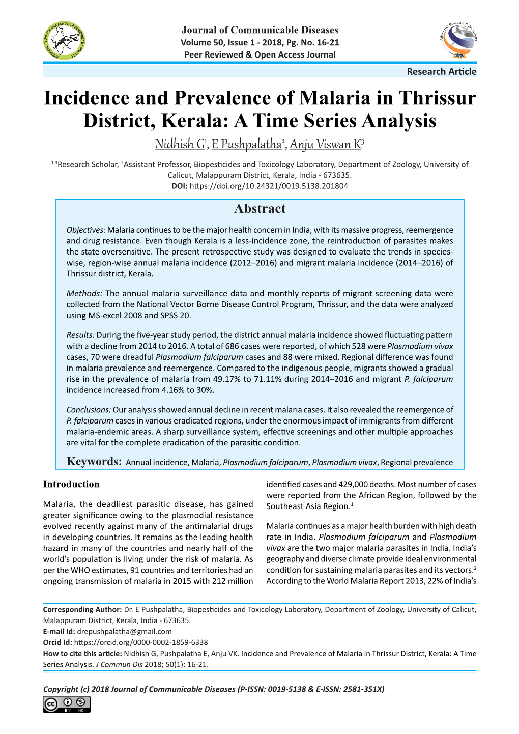 Incidence and Prevalence of Malaria in Thrissur District, Kerala: a Time