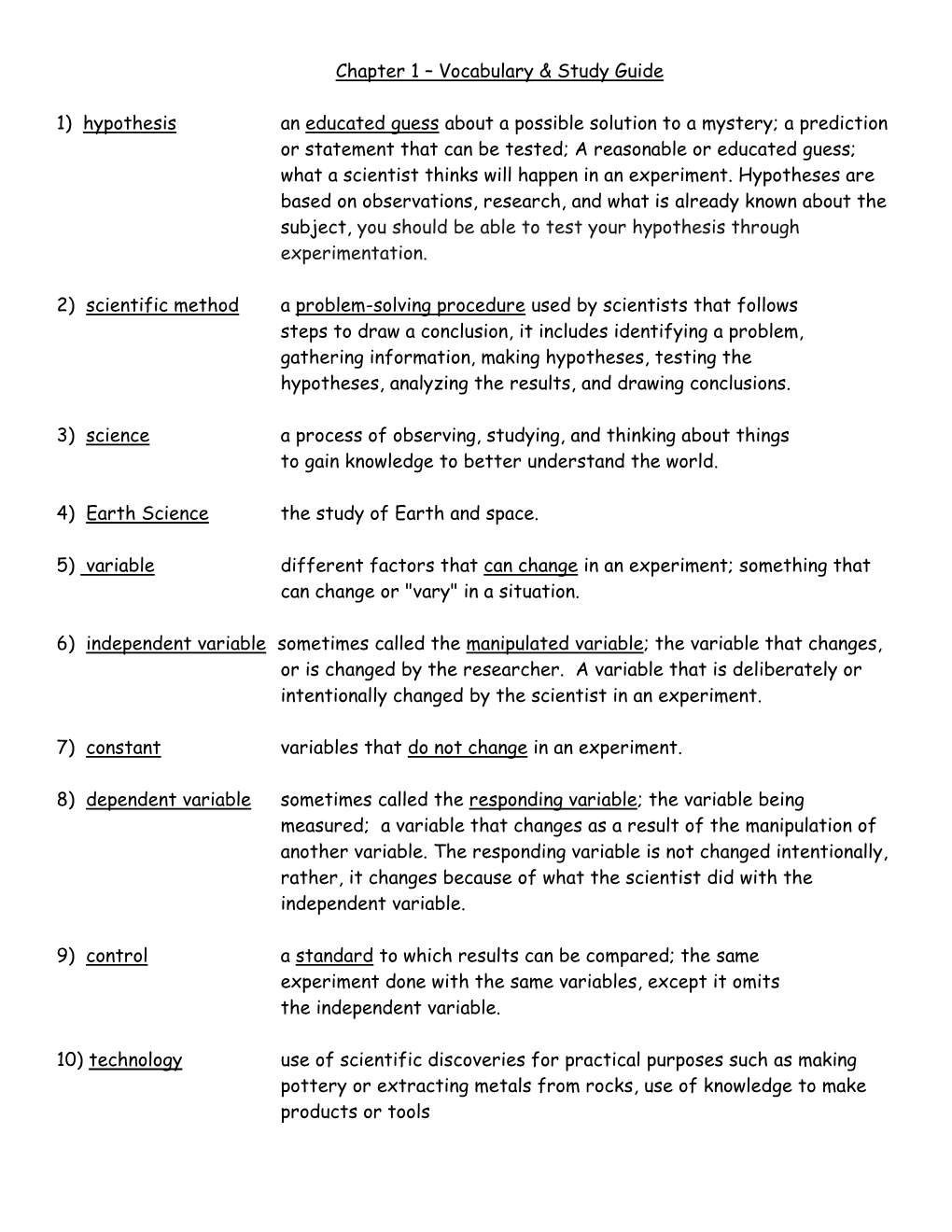 Chapter 1 – Vocabulary & Study Guide 1) Hypothesis an Educated