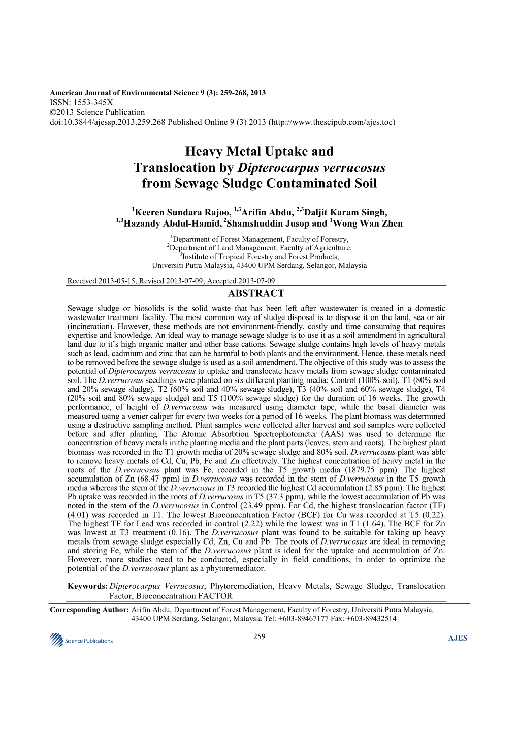 Heavy Metal Uptake and Translocation by Dipterocarpus Verrucosus from Sewage Sludge Contaminated Soil