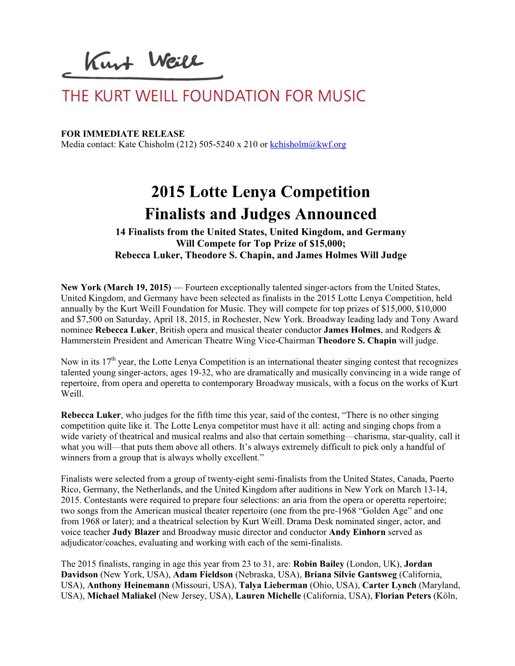 2015 Lotte Lenya Competition Finalists and Judges Announced