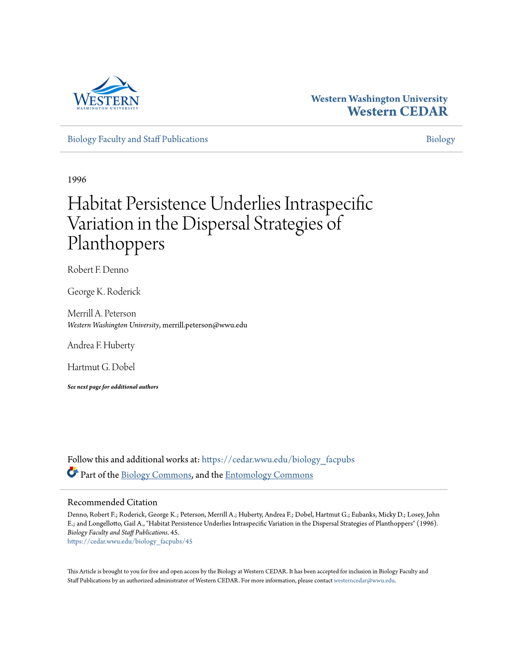 Habitat Persistence Underlies Intraspecific Variation in the Dispersal Strategies of Planthoppers Robert F