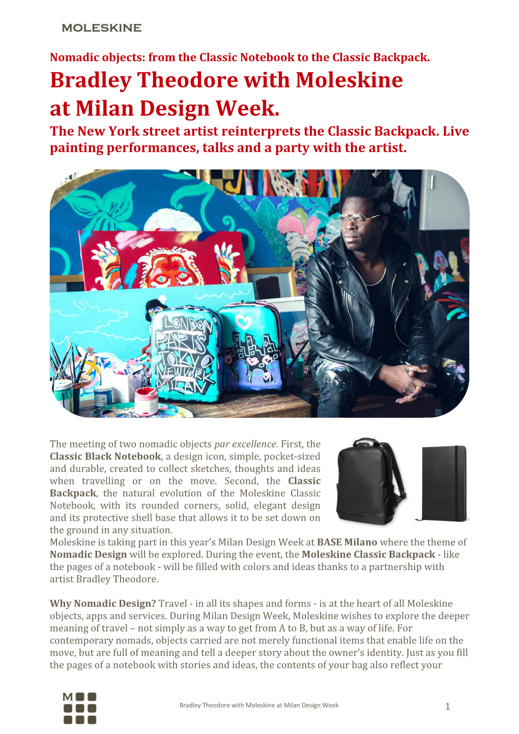 Bradley Theodore with Moleskine at Milan Design Week. the New York Street Artist Reinterprets the Classic Backpack