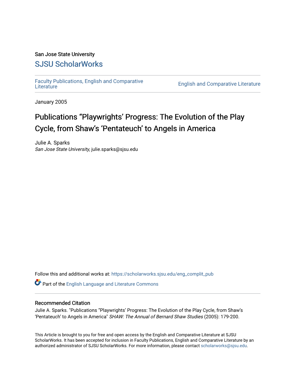 The Evolution of the Play Cycle, from Shawâ•Žs Â•Ÿpentateuchâ•Ž To