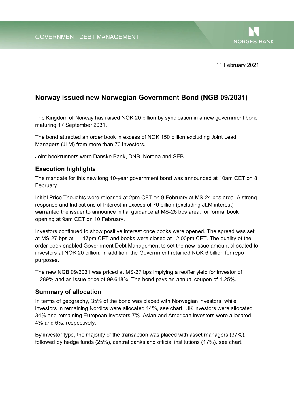 Norway Issued New Norwegian Government Bond (NGB 09/2031)