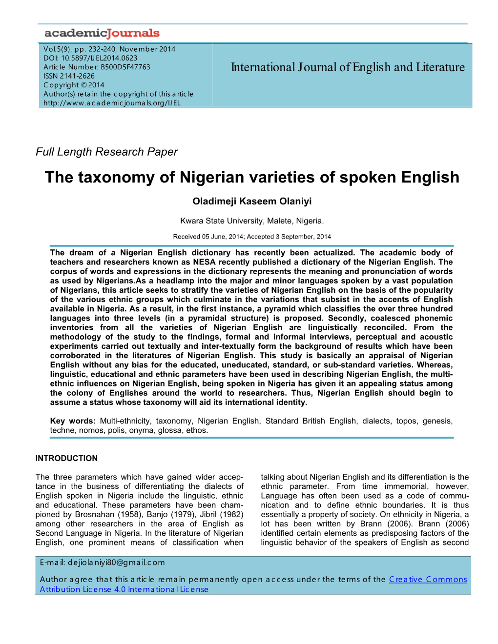 The Taxonomy of Nigerian Varieties of Spoken English