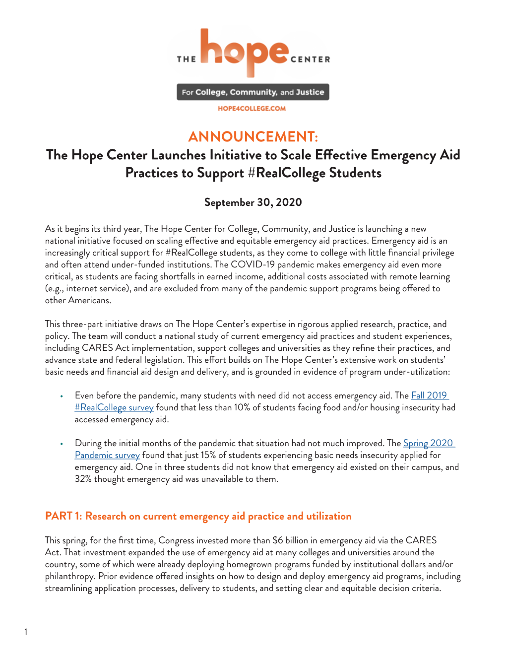 ANNOUNCEMENT: the Hope Center Launches Initiative to Scale Effective Emergency Aid Practices to Support #Realcollege Students