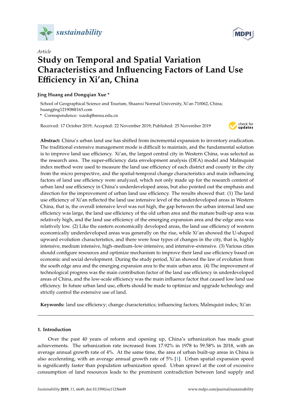 Study on Temporal and Spatial Variation Characteristics and Inﬂuencing Factors of Land Use Eﬃciency in Xi’An, China