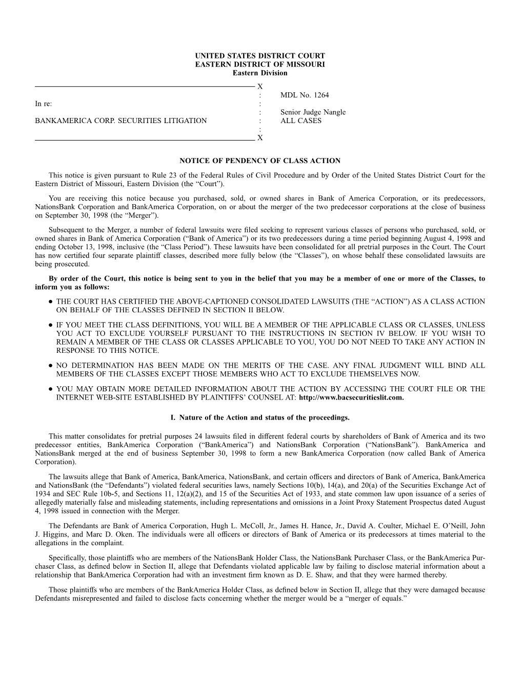 In Re Bankamerica Corp. Securities Litigation MDL No. 1264-Notice Of