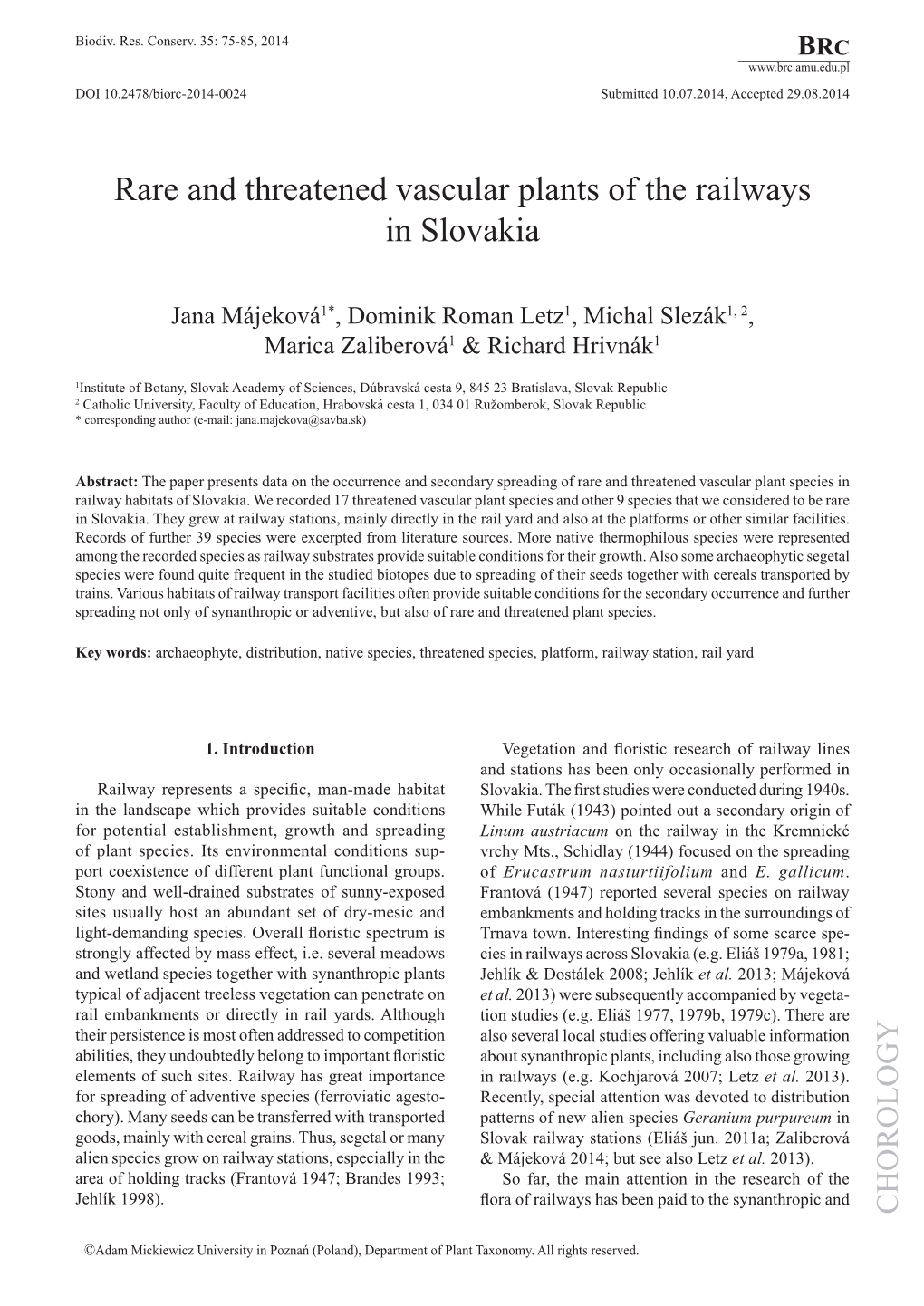 Rare and Threatened Vascular Plants of the Railways in Slovakia