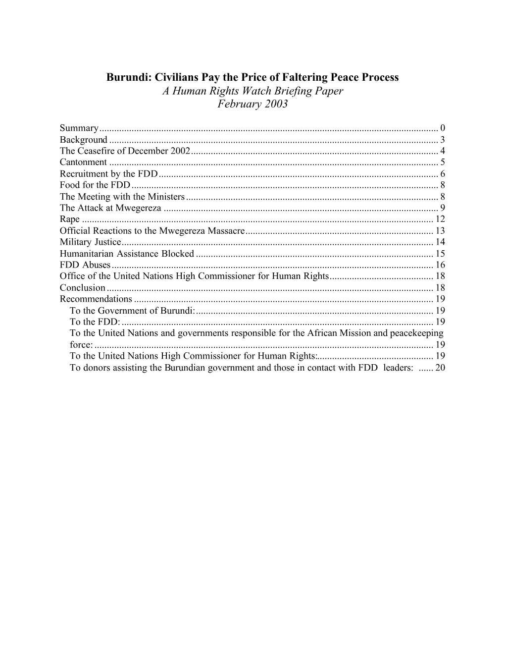 Civilians Pay the Price of Faltering Peace Process a Human Rights Watch Briefing Paper February 2003