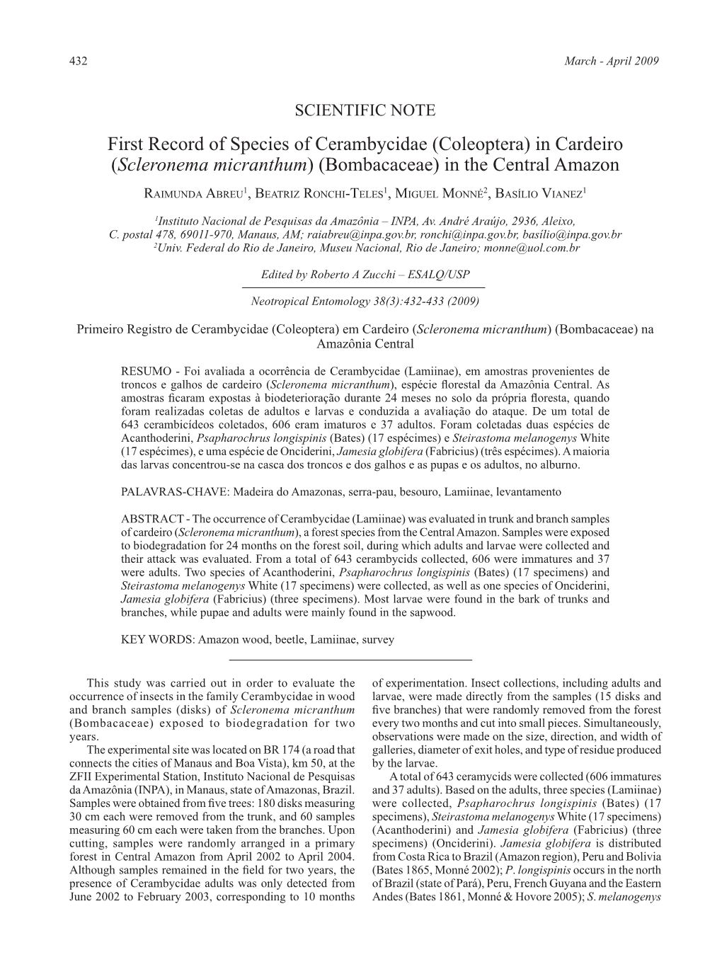 In Cardeiro (Scleronema Micranthum) (Bombacaceae) in the Central Amazon