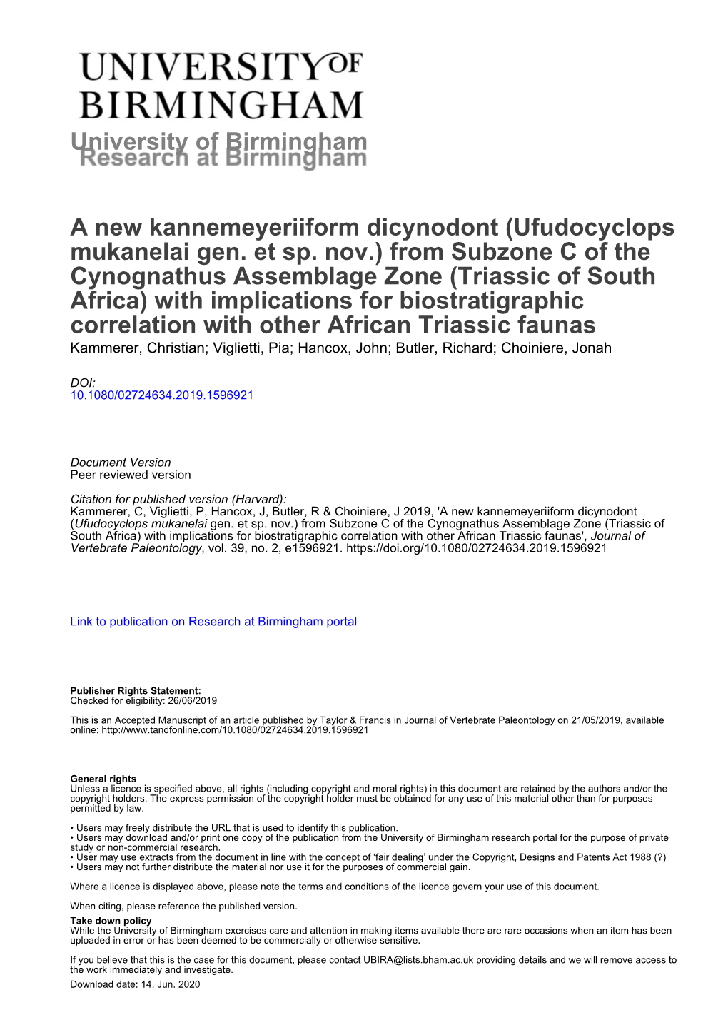 University of Birmingham a New Kannemeyeriiform Dicynodont